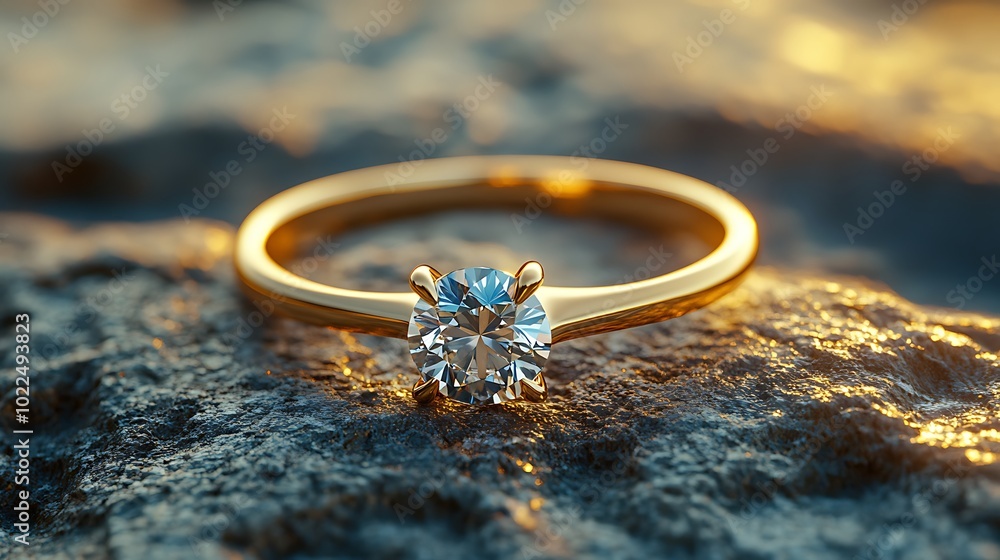 A close-up of a gold diamond engagement ring on a rock. A close-up of a gold diamond engagement ring on a rock.
