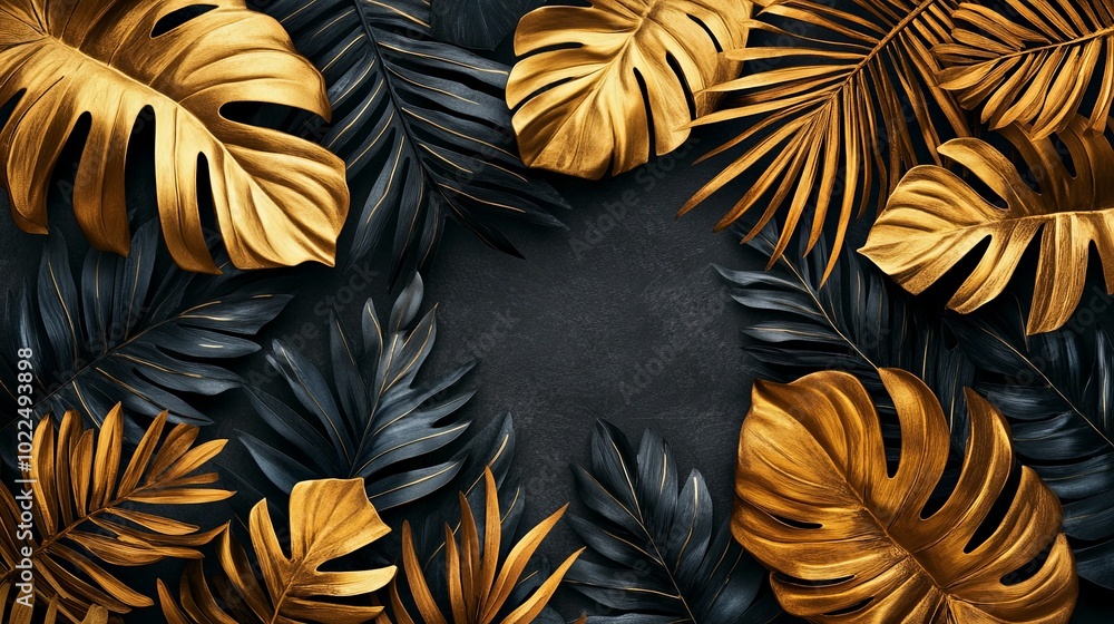 Golden and Black Tropical Leaves on a Dark Background Golden and Black Tropical Leaves on a Dark Background