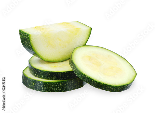 Sliced zucchini vegetable isolated on white background.