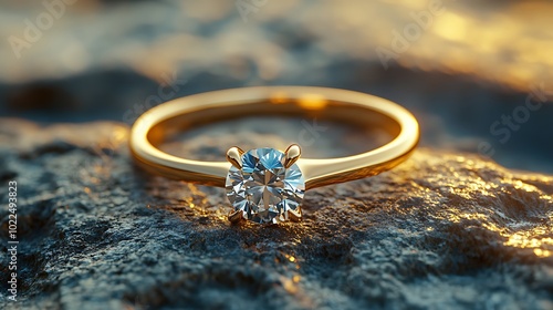 A close-up of a gold diamond engagement ring on a rock.