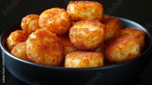 A black bowl filled with golden-brown, crispy, round, deep-fried cheese balls.