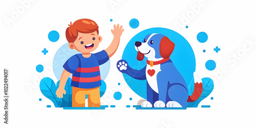 Therapy Dog High Fiving Child on Plain Background - Joy and Connection in Pet Therapy Moments with Copy Space for Creative Use