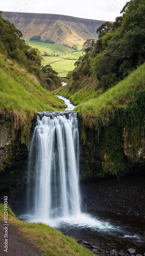 Serene waterfall cascading into a lush valley background for invitation or card screensaver