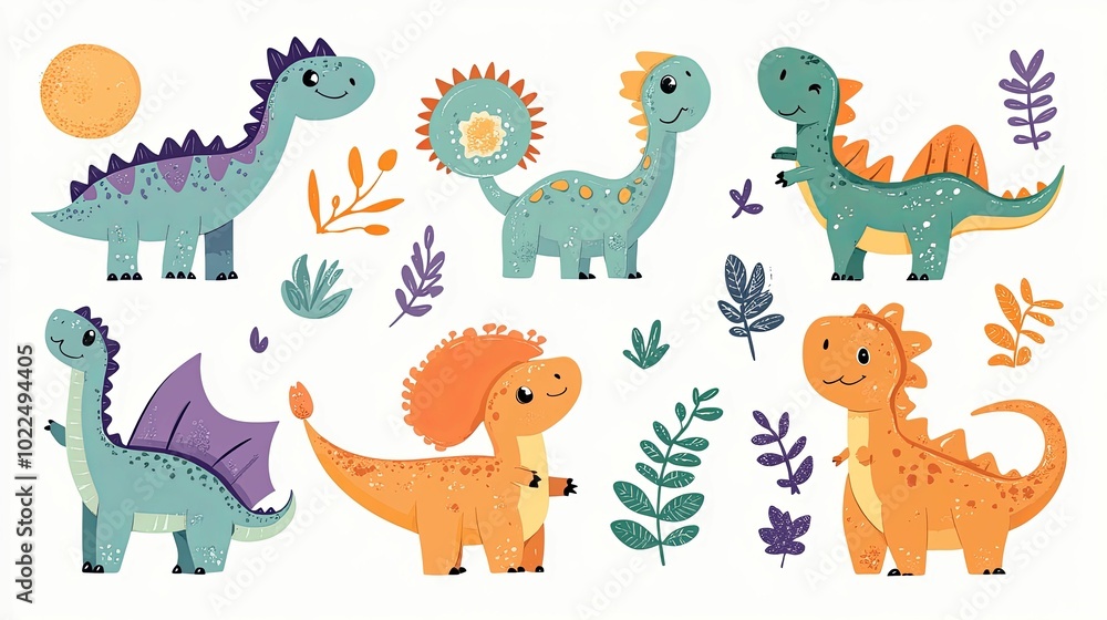 Fototapeta premium A Group of Colorful Cartoon Dinosaurs with Leaves