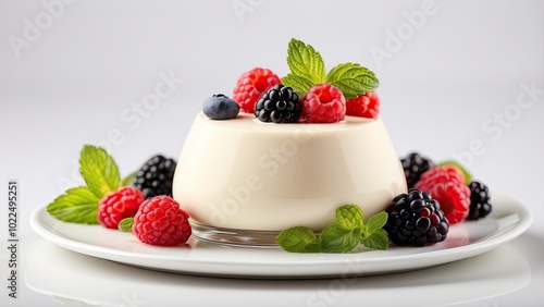 A serving of creamy panna cotta topped with fresh berries and a mint leaf, isolated on white background.-