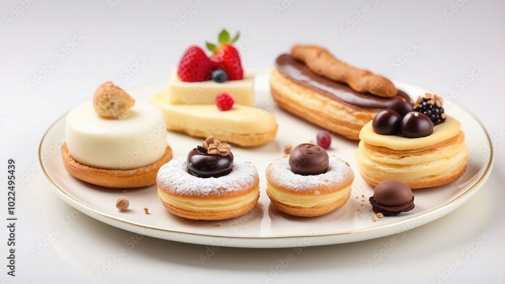 A plate of delicate French pastries, including éclairs and tarts, beautifully presented, isolated on white A plate of delicate French pastries, including éclairs and tarts, beautifully presented, isolated on white
