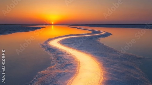 A winding path of light cuts through a calm, blue lake reflecting a brilliant orange sunset.