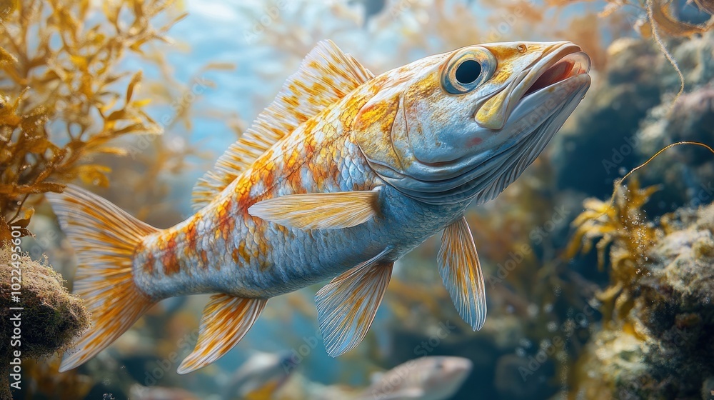 Fototapeta premium A vibrant fish swimming among underwater plants and coral.