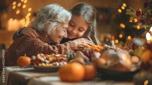 a grandmother and granddaughter embracing at a festive Thanksgiving dinner table, surrounded by delicious food and decorations.