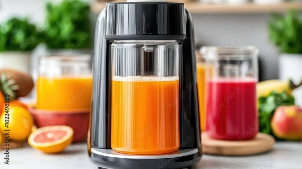 Close-up of a Black Electric Citrus Juicer with Orange Juice in the Glass Carafe Close-up of a Black Electric Citrus Juicer with Orange Juice in the Glass Carafe