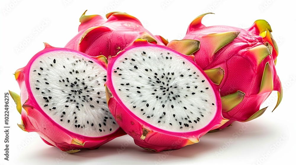 Dragon Fruit Slices and Whole Fruit on White Background Dragon Fruit Slices and Whole Fruit on White Background