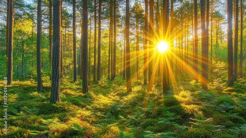 Obraz premium Sun rays shining through tall pine trees in a dense forest.