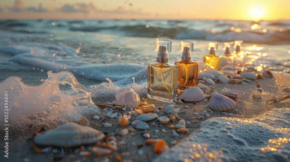 A perfume bottle placed on a beach, celebrating the bottle's role in evoking memories, romance and the essence of seaside adventure.