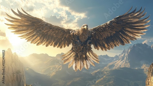 A mechanical eagle soaring above a canyon, wings spread wide, each feather detailed