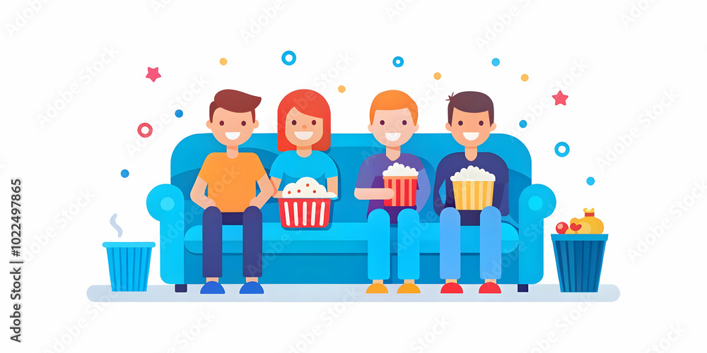 Friends Enjoying a Cozy Movie Night on the Sofa - Candid Image of Relaxation and Companionship in a Warm Living Room with Popcorn and Dimmed Lights Friends Enjoying a Cozy Movie Night on the Sofa - Candid Image of Relaxation and Companionship in a Warm Living Room with Popcorn and Dimmed Lights