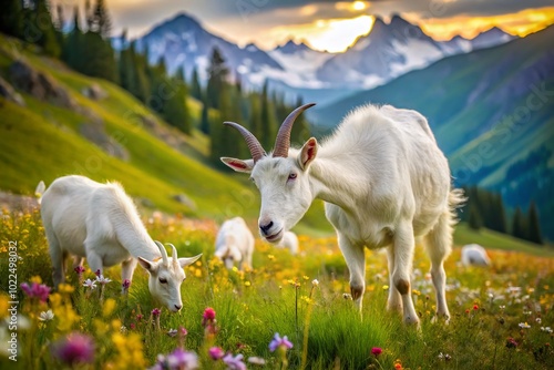 White Goats Grazing in a Mountain Meadow with Bokeh Effect on a Summer Day