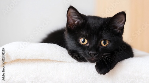 Black Kitten Relaxing on a White Blanket at Home. AI Generated