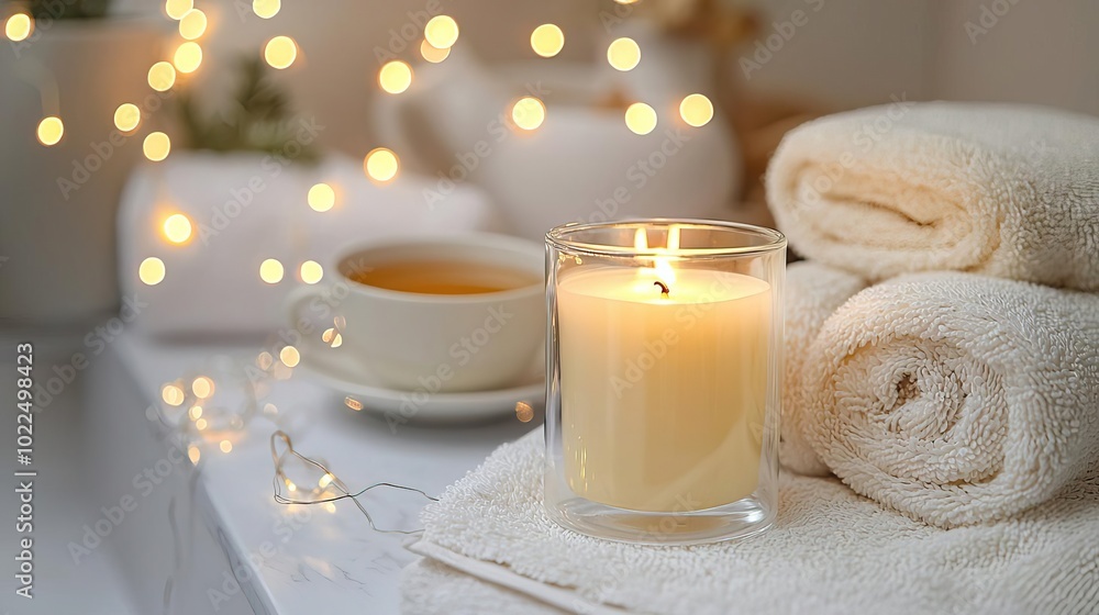Blank candle glass mockup on a marble bathroom in modern warm bathroom , elegant and serene Blank candle glass mockup on a marble bathroom in modern warm bathroom , elegant and serene