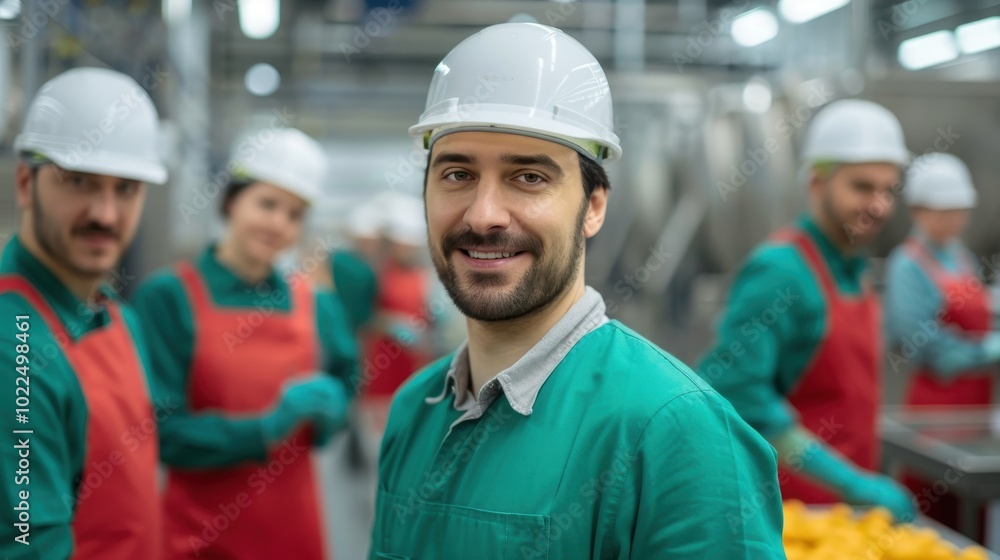 A Smiling Man in a Green Uniform and Hard Hat Working in a Factory A Smiling Man in a Green Uniform and Hard Hat Working in a Factory