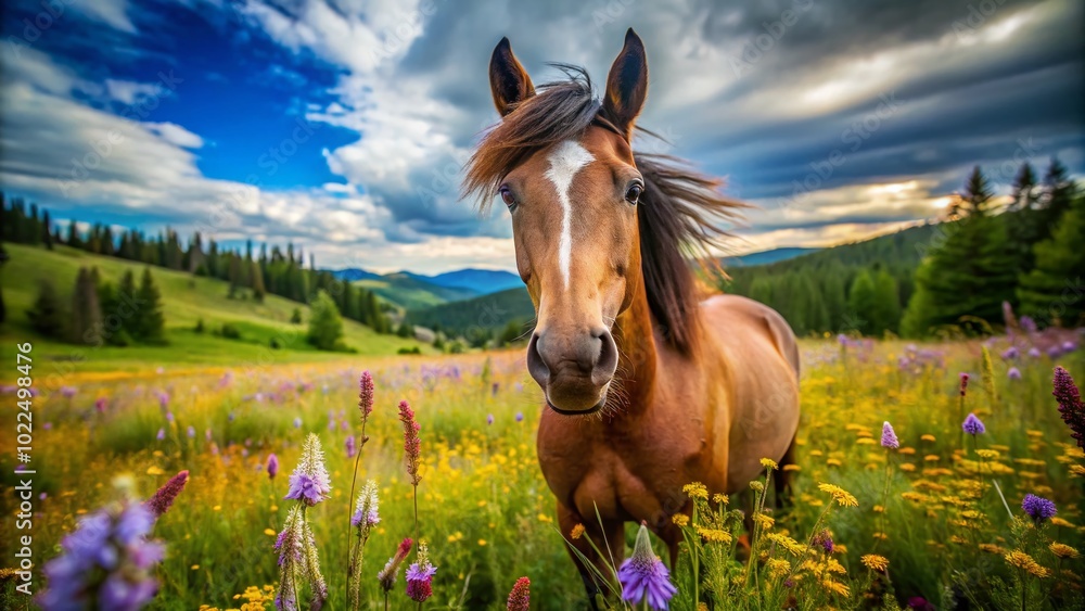 Wild Horse Close-Up Sniffing Camera in Nature with Tilt-Shift Effect Wild Horse Close-Up Sniffing Camera in Nature with Tilt-Shift Effect