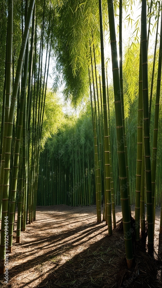 Fototapeta premium Sunlit bamboo grove with shadows on the forest floor background for invitation or card screensaver