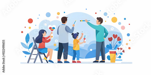 Dreamy Digital Art: Family Collaborating on a Mural with Soft Bokeh Backgrounds and Abstract Shapes, Capturing Joyful Brush Strokes and Colorful Expressions in a Creative Scene