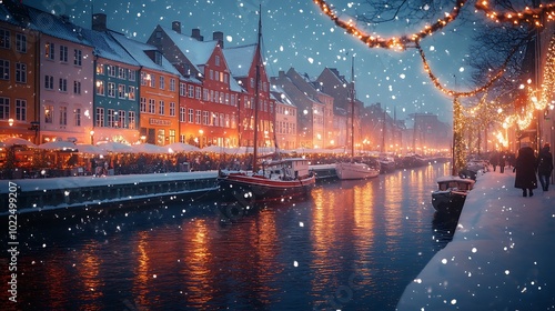 A stunning winter view of Nyhavn, Copenhagen, during Christmas, the iconic colorful houses illuminated with warm lights, snow-covered boats moored along the canal.
