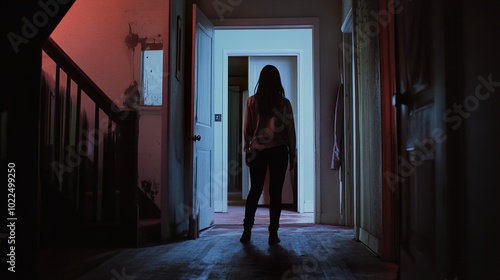 A Woman Stands in a Dark Hallway of an Old House