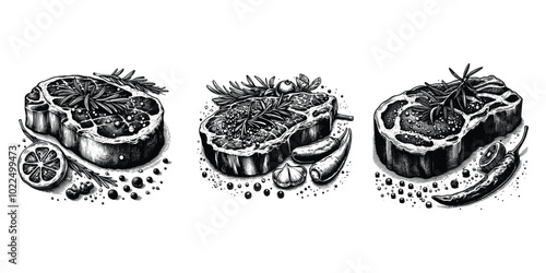 set of beef steak vector sketch illustration, black and white drawing
