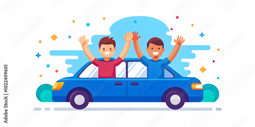 Excited Friends High Fiving in Parked Car After Passing Driving Test - Energetic Celebration with Sunset Background Excited Friends High Fiving in Parked Car After Passing Driving Test - Energetic Celebration with Sunset Background