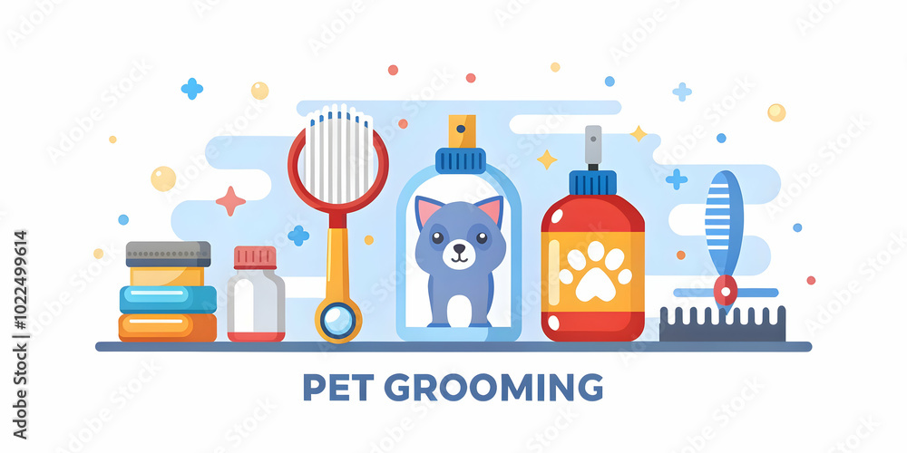 Glossy Background of Pet Grooming Tools on a Countertop: Clean and Modern Setup for Pet Hygiene Care with Ample Copy Space in Photo Stock Glossy Background of Pet Grooming Tools on a Countertop: Clean and Modern Setup for Pet Hygiene Care with Ample Copy Space in Photo Stock