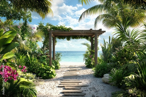 Serene pergola setup in a tropical garden by the ocean.