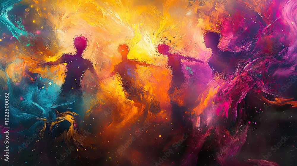 Fototapeta premium Abstract painting of four figures dancing in a colorful nebula