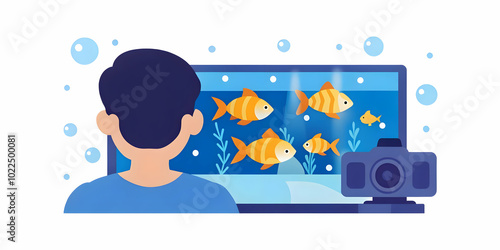 Bokeh Effect on Person Watching Fish in Aquarium: Softly Blurred Image Capturing Therapeutic Moments with Pets and Tranquil Background Lights