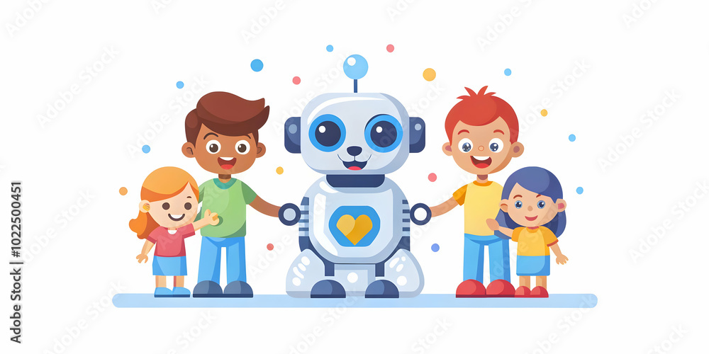 Macro Image of Children Affectionately Petting a Family Robot Pet - Close Up Photography Highlighting Textures, Expressions, and the Bond Between Kids and Robotics in Everyday Family Life Macro Image of Children Affectionately Petting a Family Robot Pet - Close Up Photography Highlighting Textures, Expressions, and the Bond Between Kids and Robotics in Everyday Family Life