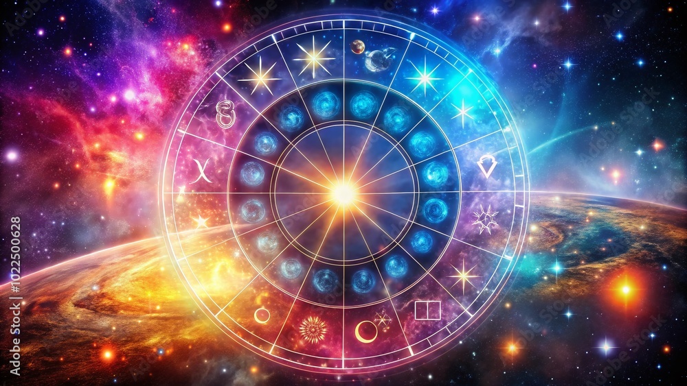 Zodiac Signs in Circle with Cosmic Nebula Background for Astrology Concept Zodiac Signs in Circle with Cosmic Nebula Background for Astrology Concept