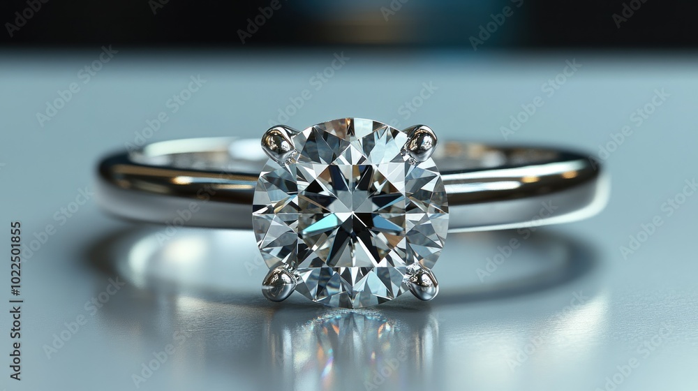 A sparkling diamond engagement ring on a reflective surface. A sparkling diamond engagement ring on a reflective surface.