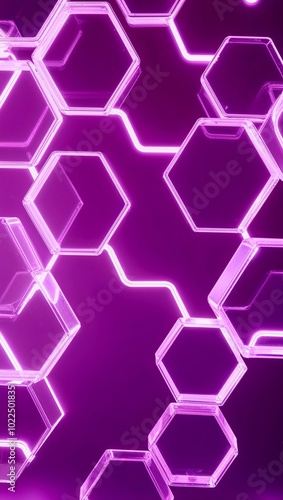 Transparent hexagons floating in neon light background for invitation or card screensaver