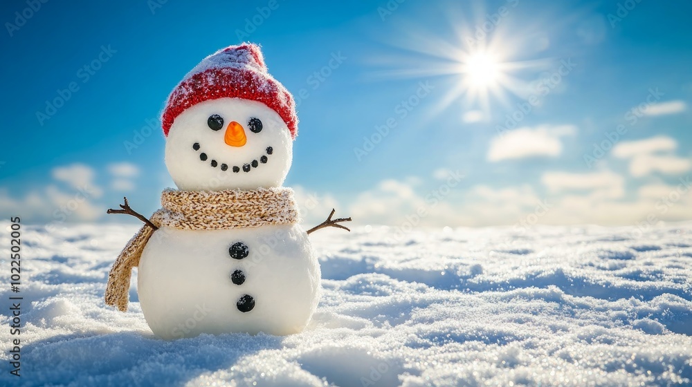 A cheerful snowman with a red hat and a scarf stands in a snowy field against a bright blue sky. A cheerful snowman with a red hat and a scarf stands in a snowy field against a bright blue sky.