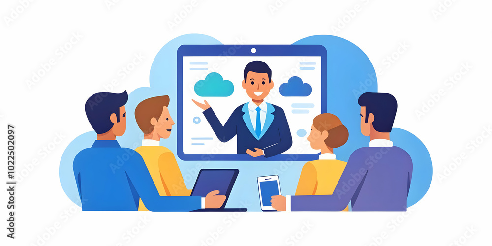 Candid Shot of Cloud Consultant Advising Clients in Meeting Room - Presenting Cloud Solutions with Tablet, Showcasing Expertise and Competence in Professional Indoor Setting Candid Shot of Cloud Consultant Advising Clients in Meeting Room - Presenting Cloud Solutions with Tablet, Showcasing Expertise and Competence in Professional Indoor Setting