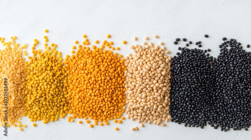 A colorful array of various dried seeds arranged in rows on a light background. A colorful array of various dried seeds arranged in rows on a light background.
