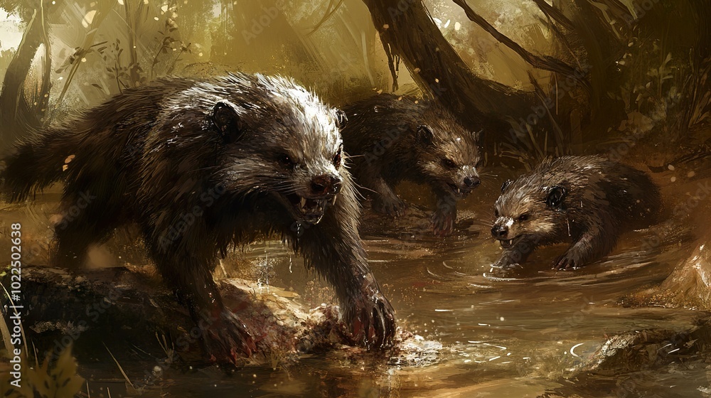 Mythical Creatures in a Forest River - Fantasy Animal Illustration
