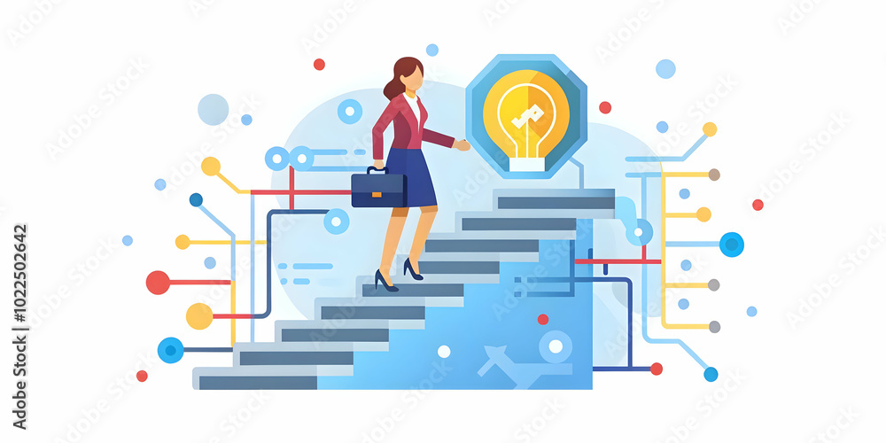 Businesswoman Climbing Abstract Tech Stairs - A Dynamic Tilt Shot of a Businesswoman Ascending Technological Steps with Bokeh Lights, Symbolizing Milestone Achievements in UK Business and Technology Businesswoman Climbing Abstract Tech Stairs - A Dynamic Tilt Shot of a Businesswoman Ascending Technological Steps with Bokeh Lights, Symbolizing Milestone Achievements in UK Business and Technology