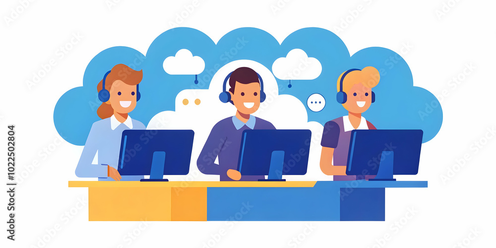 Candid Photograph of a Cloud Service Support Team Assisting Customers via Phone & Chat in Open Office Environment - Natural Interactions, Competence & Professionalism Candid Photograph of a Cloud Service Support Team Assisting Customers via Phone & Chat in Open Office Environment - Natural Interactions, Competence & Professionalism