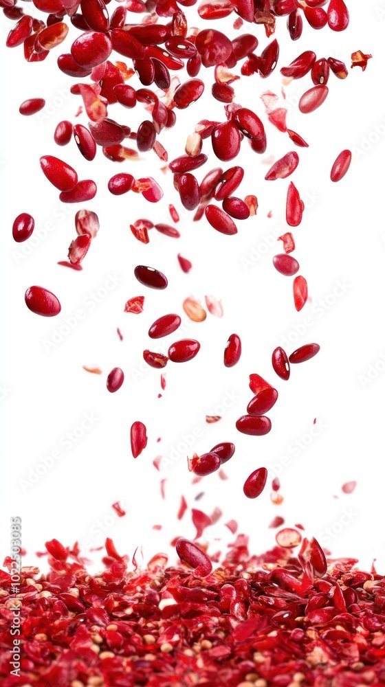 A cascade of red kidney beans falling against a white background. A cascade of red kidney beans falling against a white background.