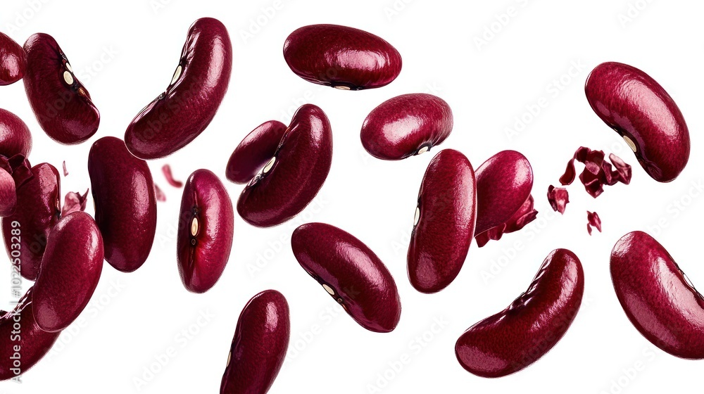 A collection of kidney beans scattered against a white background. A collection of kidney beans scattered against a white background.