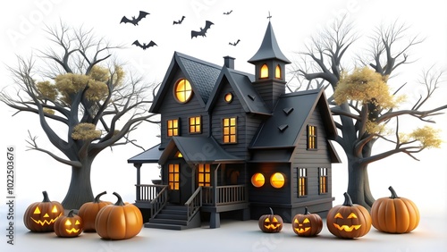 3D style halloween theme of black house, pumpkin, bats, and tree on white background. halloween background