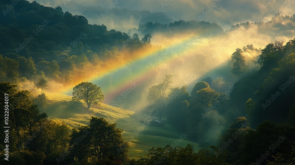 Enchanting Misty Valley with Vibrant Rainbow Peeking Through Trees, Creating Hopeful and Peaceful Atmosphere Enchanting Misty Valley with Vibrant Rainbow Peeking Through Trees, Creating Hopeful and Peaceful Atmosphere