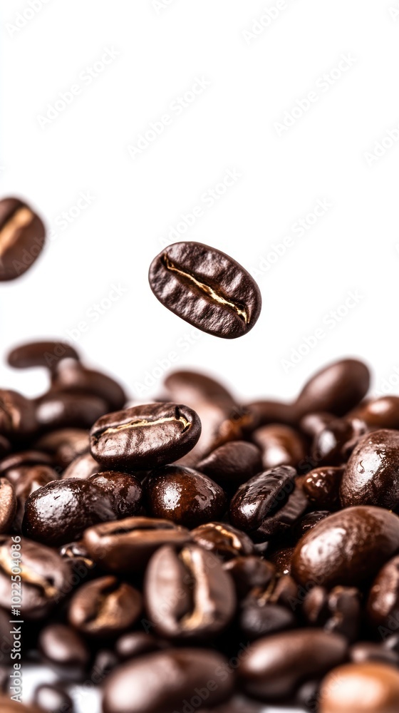 A close-up of coffee beans, some floating, showcasing their rich texture and color. A close-up of coffee beans, some floating, showcasing their rich texture and color.