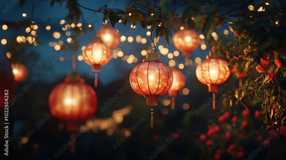 Illuminated Red Lanterns at Mid-Autumn Festival Against Dark Sky - Festive Ambiance with Intricate Details Illuminated Red Lanterns at Mid-Autumn Festival Against Dark Sky - Festive Ambiance with Intricate Details